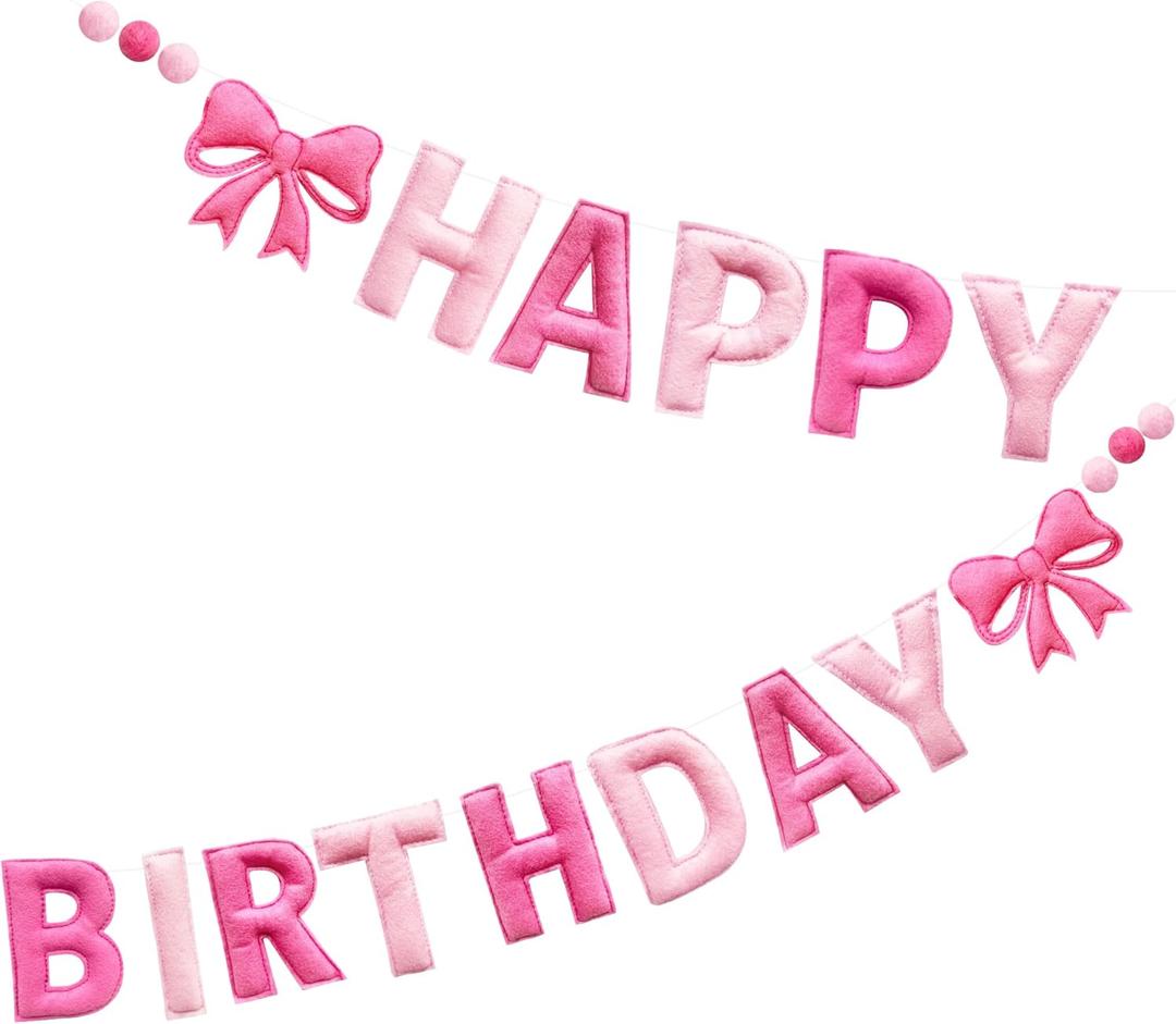 Pink Pre-Strung Happy Birthday Banner Felt Wool Ball Garland Hot Pink Conquette Bow Happy Birthday Garland Streamer Bday Party Decorations Sign for Women Kids Girls Party Photo Prop Decor Supplies