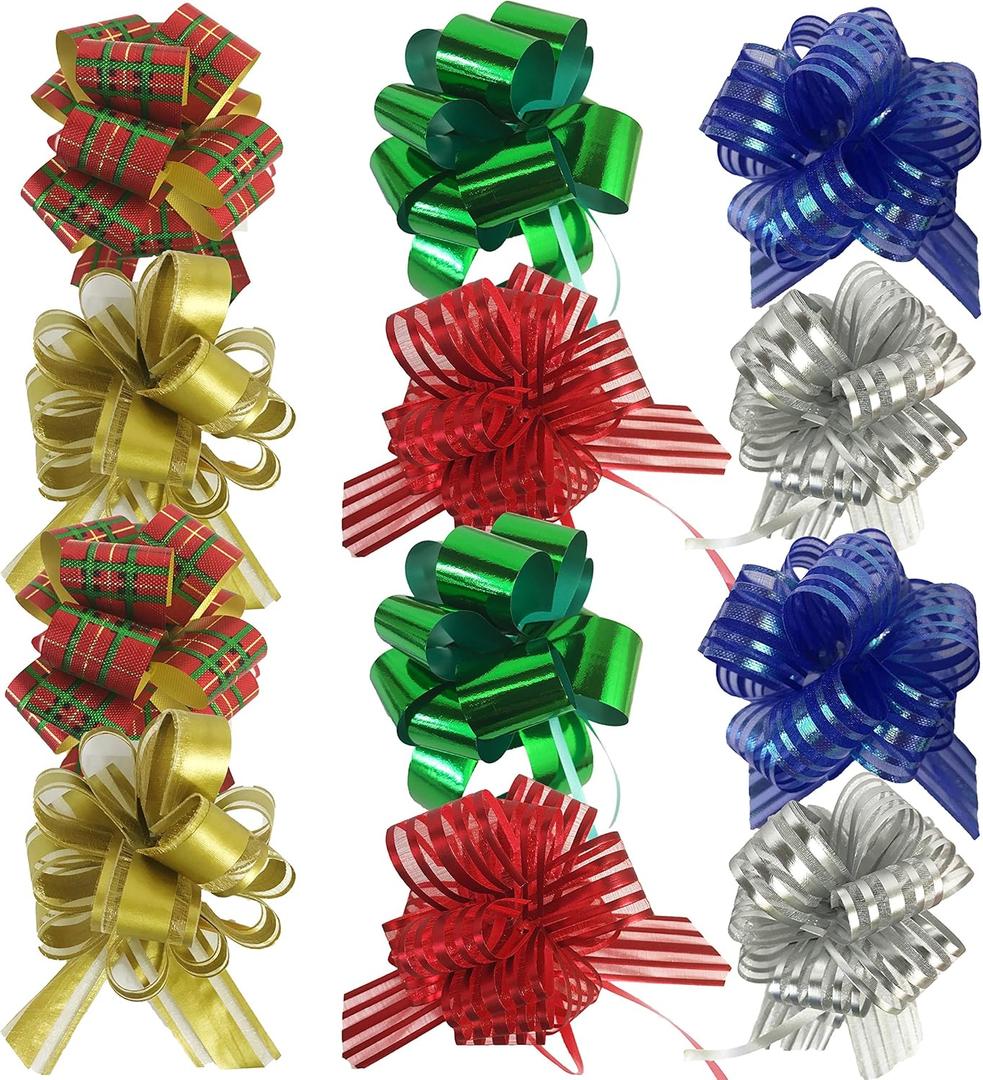 allgala Christmas Themed Pull Bow Flowers 12-pc 6 Inch Large Christmas Pull Bows for Gift Wrapping Tree Holiday Decoration-GP90033