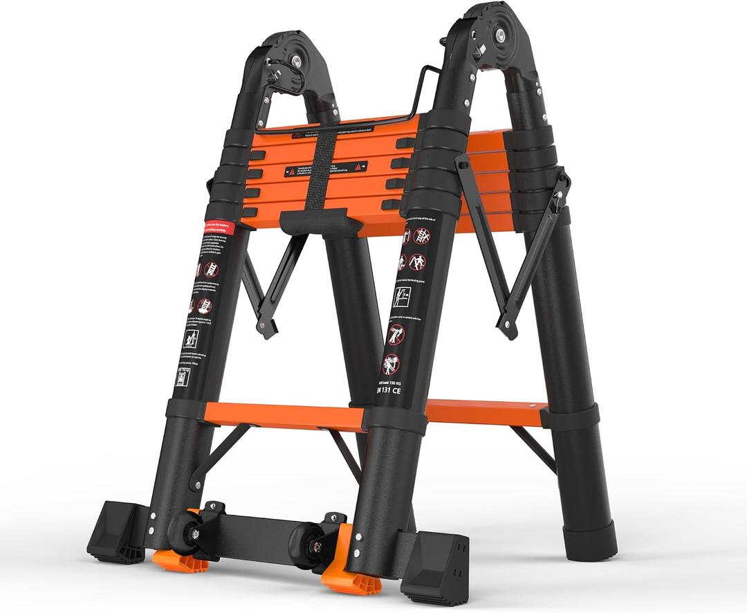 SINMEIRUN Telescoping Ladder, 12.5 FT, A Frame, Aluminum Extension Ladder, 330 lbs Capacity, Collapsible Multi-Purpose Ladder for Home, Roof and RV; Orange