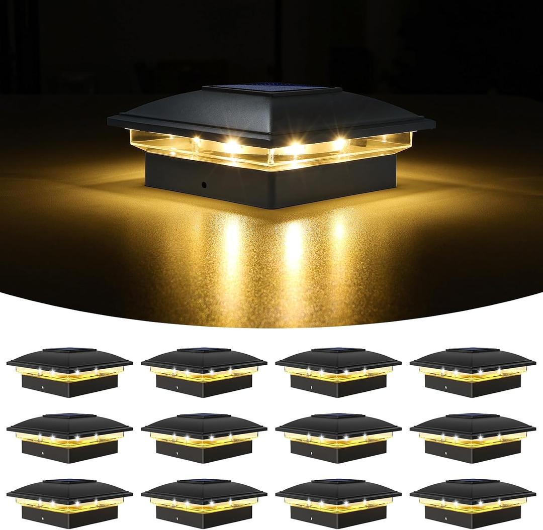 VOLISUN Solar Post Cap Light Outdoor Waterproof 12pack,Solar Fence - Post Lights for 4x4 5x5 6x6 Wooden/Vinyl Post,Black Deck Post Cap Light Solar Powered with Warm White for Garden/Patio/Porch