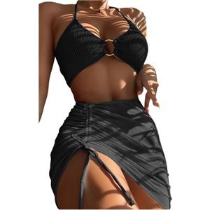 MakeMeChic Women's 3 Piece Bathing Suits Halter Ring Bikini Set with Cover Up Skirt Light Black M