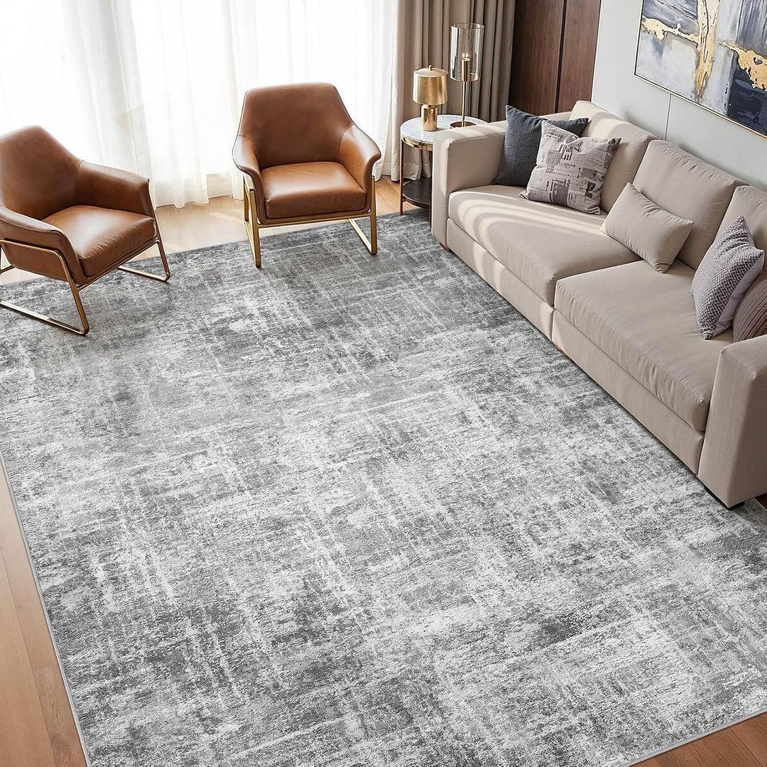 Washable 6x9 Area Rug for Living Room - Modern Abstract Carpet with Non-Slip Backing, Low Pile & Soft, Stain Resistant, Kid & Pet Friendly Decor for Bedroom & Dining Room - Black Grey