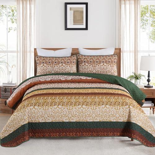DJY Boho Quilt Set Queen Size Brown Green Bohemian Striped Bedspread Coverlet Set, Boho Floral Pattern Soft Microfiber Quilted Bedding Set for All Season, 96''x90''