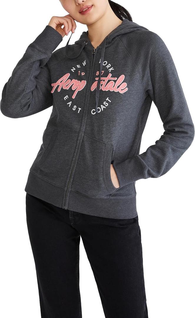 AEROPOSTALE womens Aero Logo Full Zip Hoodie- Circle/Scripts (X-Small, Light Heather Grey)