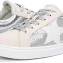 PARTY Women's Fashion Sneaker Lace Up Low Top Comfortable Cushioned Walking Shoes,Podcast,Silver Met, Size 8