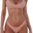 SherryDC Women's Solid Scoop Neck Push Up Padded Brazilian Thong Bikini Swimsuit Bathing Suit (X-Large, Pink)