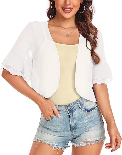 Women's Cardigan Bolero Shrug Ruffle Short Sleeve Open Front Loose Sheer Jackets for Tops L