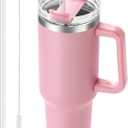 40 oz Tumbler with Handle and Straw, Pink Insulated Travel Mug Iced Coffee Cup, Reusable Stainless Steel Insulated Water Bottle, Keeps Drinks Cold for 34 Hours, Women Christmas Gifts for Mom Grandma