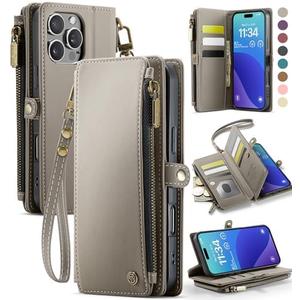 Defencase Compatible with iPhone 16 Pro Max Case Wallet with RFID Blocking Card Holder for Woman Men, PU Leather Magnetic Snap Flip Zipper Strap Wallet Phone Case Fit for iPhone 16 Pro Max 6.9", Grey
