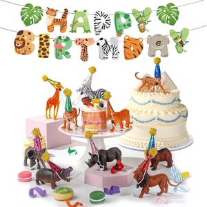 Leinuosen 21 Pcs Safari Animals Happy Birthday Party Decorations 10 Animal Figure Model Cake Topper 10 Mini Party Hat, 1 Happy Birthday Banner for Mini Animals Themed Decor