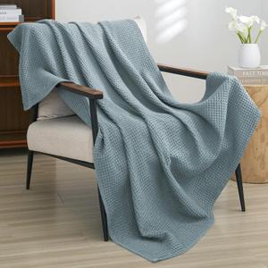 PHF 100% Cotton Waffle Weave Throw BlanketPre-Washed Snag Proof Lightweight Breathable Moisture-Wicking for Layering in Cold Weather for Couch Bed,Machine Washable,Home Decor Gift-Ocean (Throw(50" x 60"))
