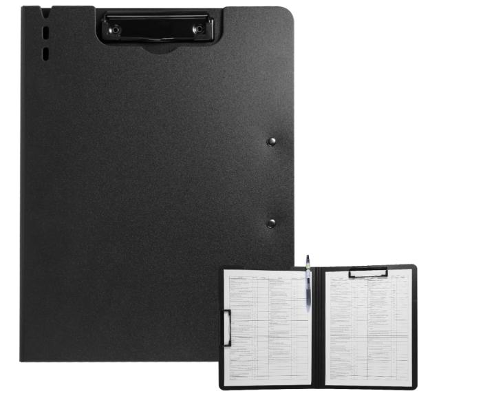 FRETONBA Clipboard Folder, A4 Foldable Clipboard with Horizontal and Vertical Double Metal Clips, 360 Degree Foldable Binder Clipboards with Pen Holder, File Cover Work Folder Clipboards, Black