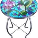 VCUTEKA Mosaic Patio Side Table Outdoor Accent Table Bistro Coffee Table Plant End Table Small Porch Table Indoor Round Glass Balcony Hummingbird Plant Table Stands