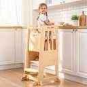 WINGYZ Toddler Tower - Anti-Tip Natural Wood Learning Stool Helper for Kids 18M-6Y, 150lb Capacity Kitchen Stool with 3-Height Adjustable Platform and Sliding Door Access, 20lb Portable Design, Wood