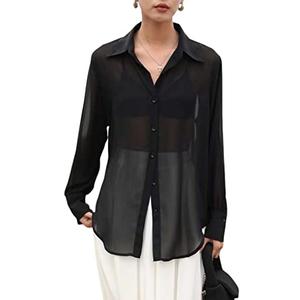 Arssm Women Sheer Button Up Blouse Mesh Long Sleeve Sexy See Through Tops Fashion Trendy Mesh Shirts Tops(Black-XL)