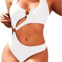 Women One Piece Swimsuit Slimming Cutout Fashoin Swimwear Metal Ring Bathing Suit Female Beachwear (X-Large, White)