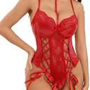 Sexy Lingerie for Women Lace-up Floral Underwire Teddy Bodysuit Leather Lingerie Outfits with Belt Garter
