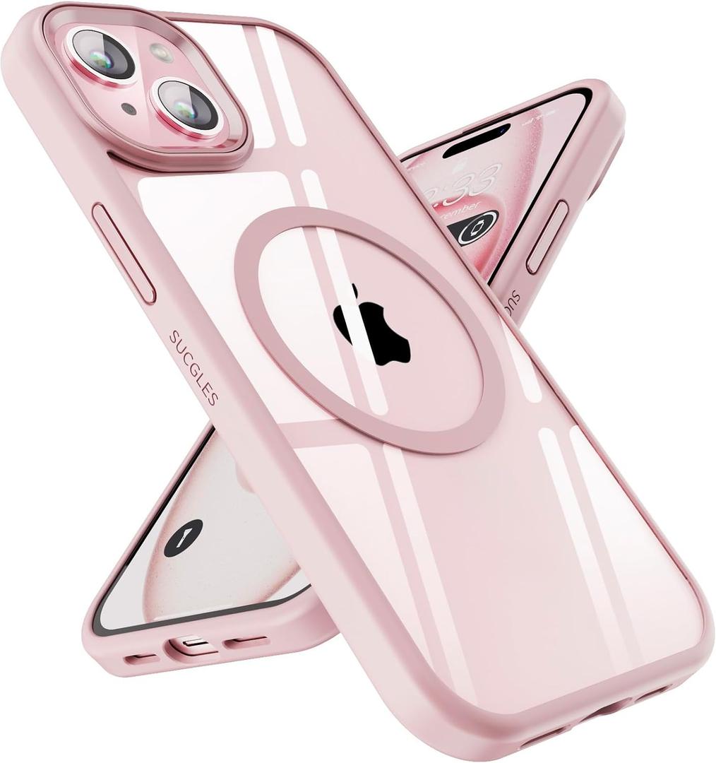 SUCGLES for iPhone 15 Plus Case with MagSafe, N56 Ultra Strong Magnet, 12FT Drop Protection, Anti-Yellowing, Magnetic Slim Phone Case, Pink