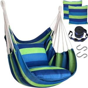 Halalona Hammock Chair Hanging Hammock Chair Rope Swing 2 Cushions Included-Sturdy & Durable Soft Cotton Hand Woven Hammock Swing for Bedroom, Porch, Patio-Indoor/Outdoor (Green & Blue)