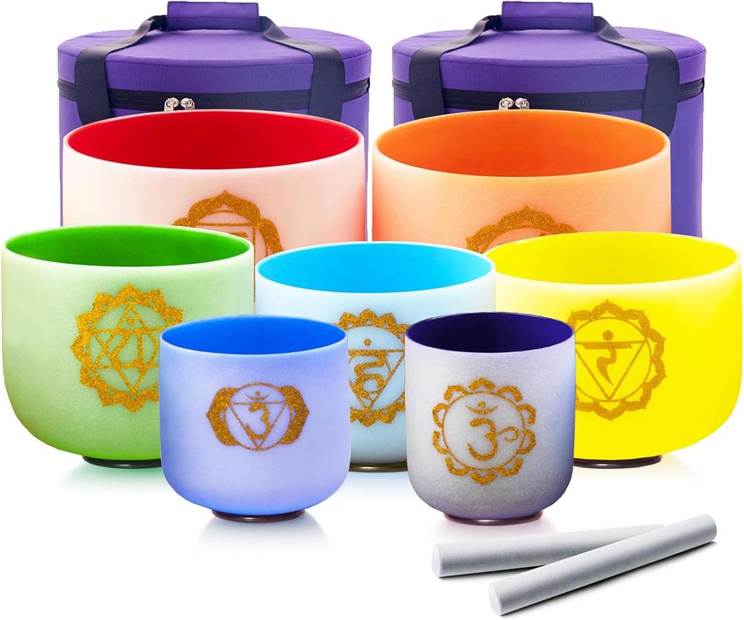 432HZ 7-12 inch Set of 7 Color Gold Powder Printing Frosted Chakra Quartz Crystal Sound Singing Bowls Healing Meditation Yogo and 2 Travel Carry Case Bag 2 Mallet Suede 2 Strikers 7 O-rings