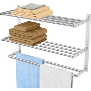 Towel Racks for Bathroom Wall 24 Inch, 3 Tier Bathroom Towel Shelf with Double Towel Bar, Stainless Steel Towel Rack with Towel Shelf, Towel Hanger Holder for Bathroom Towel Storage, Brushed Nickel