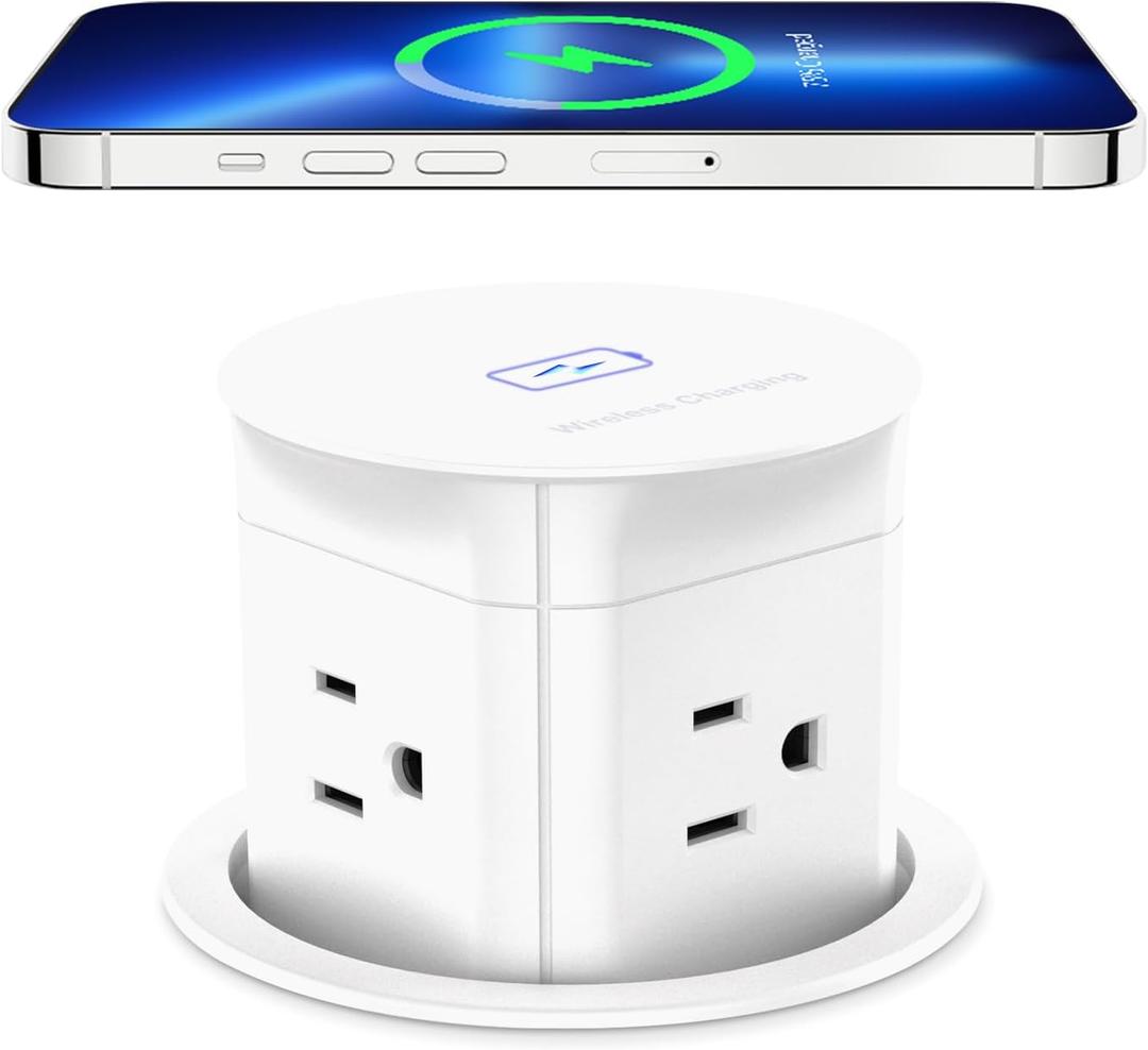 ANNQUAN 3 inch Pop Up Outlet with 15W Wireless Charger,15A Outlets,Pop Up Countertop Receptacle,Desk Hole Power Grommet for Kitchen Office,ETL Listed (White)