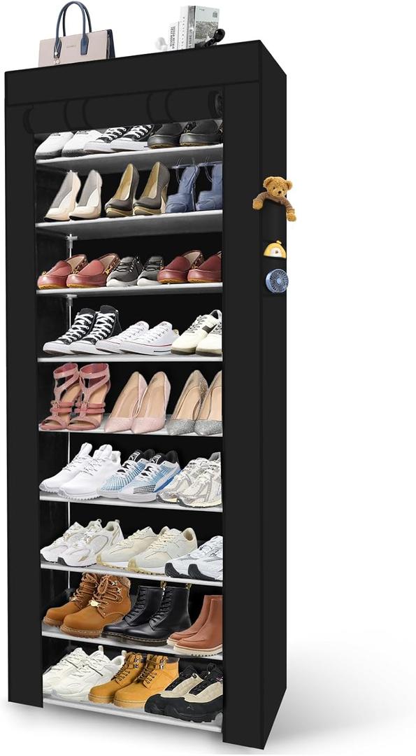 9 Tier Shoe Rack with Cover, 28-35 Shoes, 22" Wide *12" Deep *62.2" Tall, Larger Shoe Rack Organizer, Storage Cabinet with Dustproof Cover Black for Closet Entryway Garage
