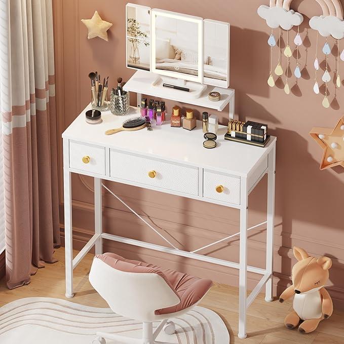 HIGDBFE Small Makeup Vanity Desk 27.5''W with Mirror and Lights, Vanity Desk with 3 Fabric Drawers and HeightAdjustable Stand, Vanity Table for Girls Gifts, Bedroom and Small Spaces, White