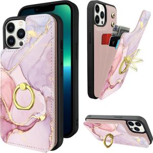 TopPerfekt Compatible with iPhone 13 Pro Wallet Case with Card Holder, 360 Rotation Finger Ring Holder Kickstand Protective RFID Blocking PU Leather Pattern Double Buttons Flip 6.1" Marble