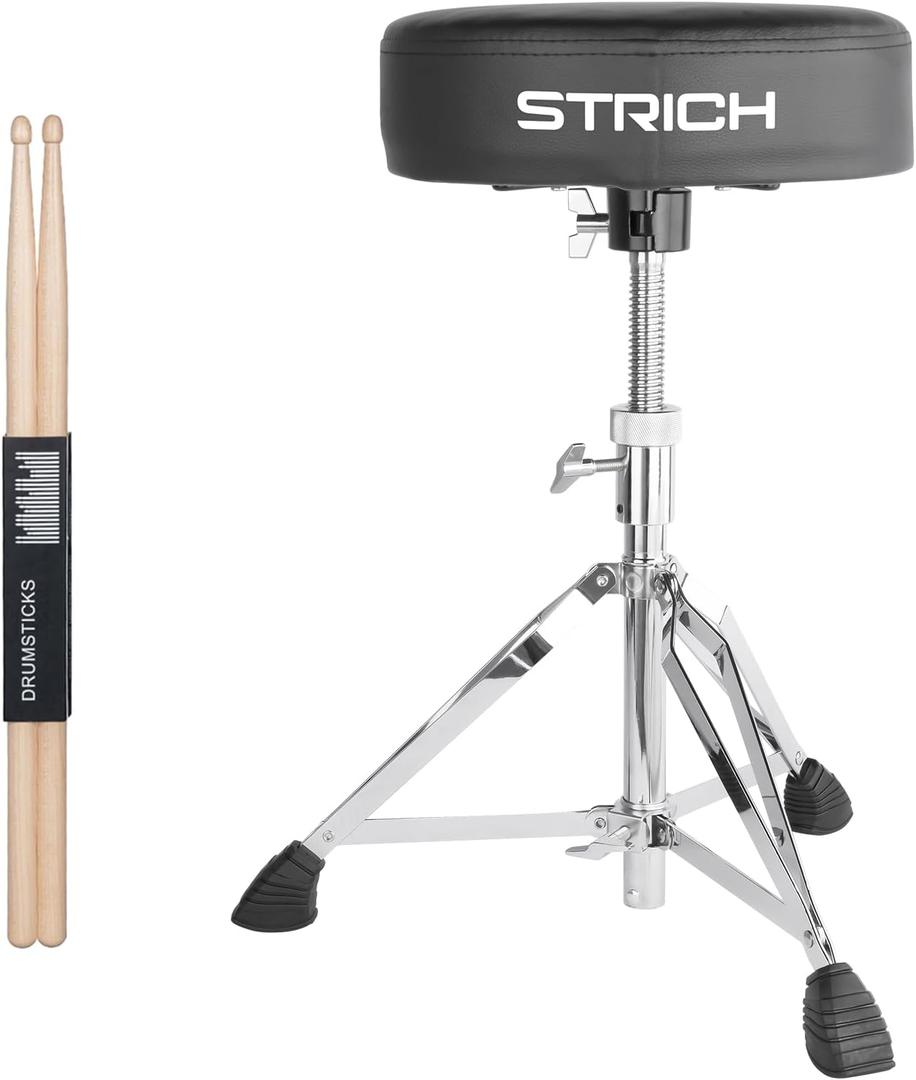 STRICH Drum Throne, Height Adjustable Padded Seat Drum Stool, Heavy Duty Swivel Drum Chair, Double Braced Padded Stool with 5A Drumsticks, SDB-20