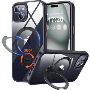 360 Rotatable Magnetic Stand for iPhone 15 Case Compatible with Mag-Safe 16FT Military Drop Protection, Anti-Scratch/Fingerprint Shockproof iPhone 15 Phone Case(Clear-Black)