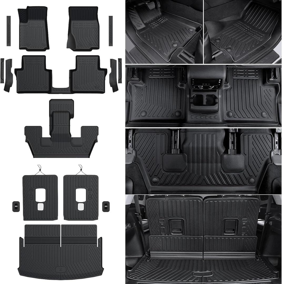 Floor Mats for 2021-2025 Jeep Grand Cherokee L (6-Seater w/o Center Console), TPE Cargo Mat with Manual-Fold 3rd Row Seatback Cover & Door Sill Guards for 2025 Grand Cherokee L Accessories
