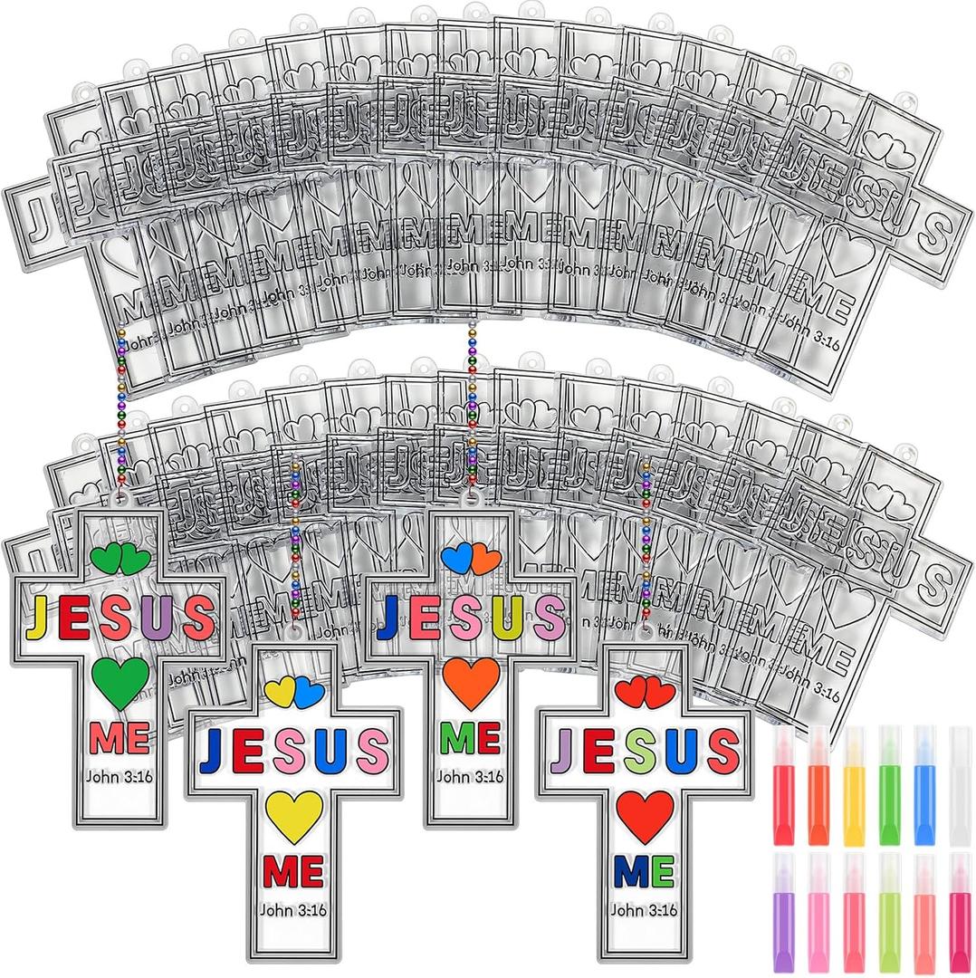 Blueweenly 72 Pcs Christian Crafts Cross Craft Kit to Paint Religious Cross Suncatchers Ornaments Bulk for Catholic Schools Week Sunday School DIY Window (Cute)