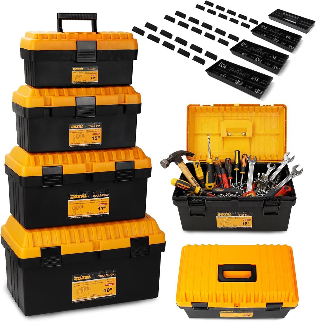 4 Pack Heavy Duty Plastic Tool Box Set, Stackable Portable Boxes, 13-19"