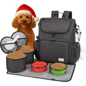 Modoker Dog Travel Bag Backpack, Airline Approved Pet Accessories Organizer for Dog and Cat with Shoulder Strap, 2 Dog Food Storage Containers, 2 Collapsible Dog Bowls,1 Pet Mat, Black