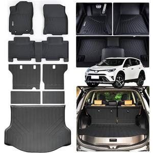 Floor Mats & Trunk Mat Backrest Mat for Toyota RAV4 2013-2017 2018Not for Hybrid or Prime TPE All Weather Protection 2 Rows Full Set Car Mats with Velcro Rear Seats Backrest