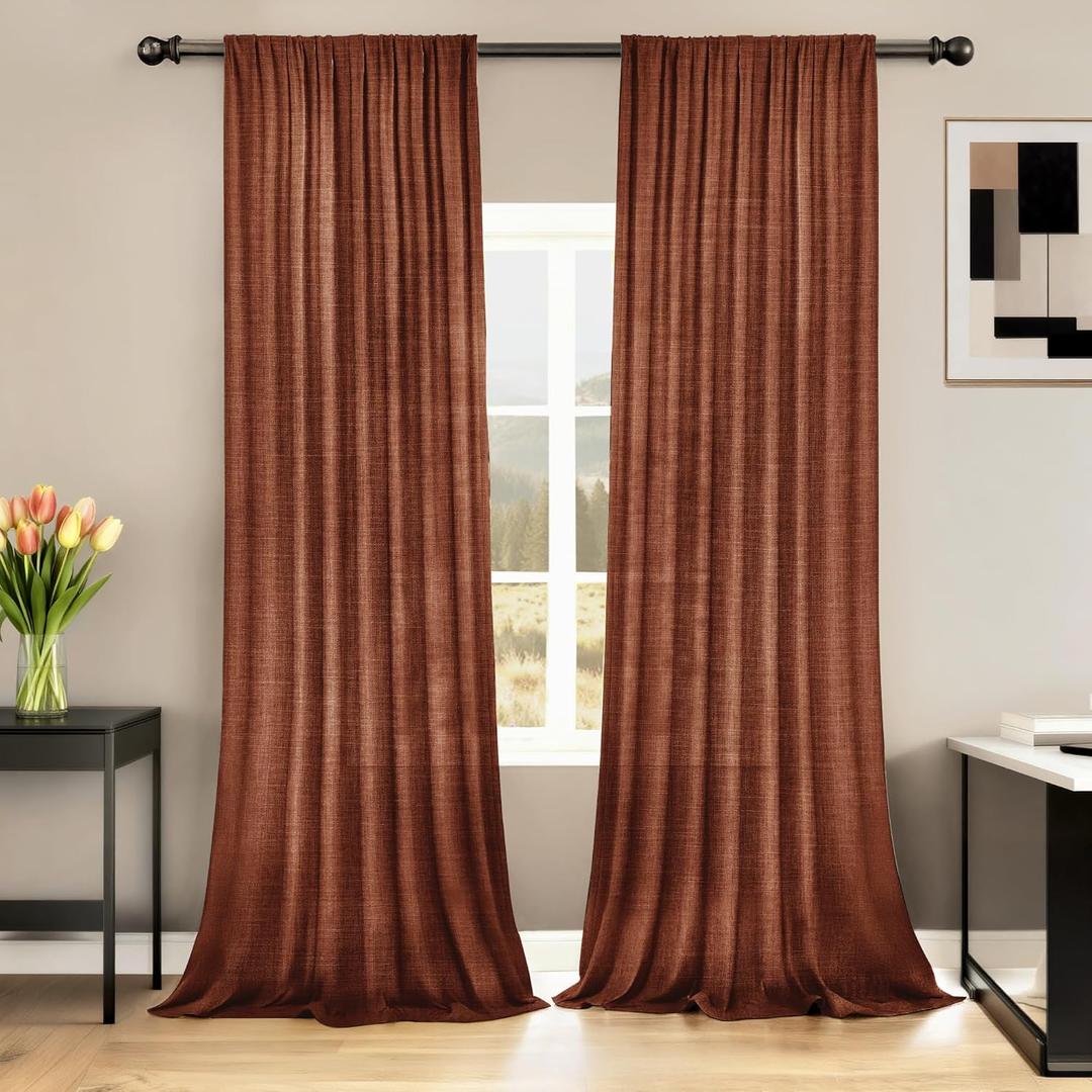 HESTIA Linen Curtains 84 Inches Long 2 Panel Set Back Tab Pocket Rustic Farmhouse Boho Drapes for Living Room Semi Sheer Red Orange Window Curtain for Dining Room (52" W x 84" L)