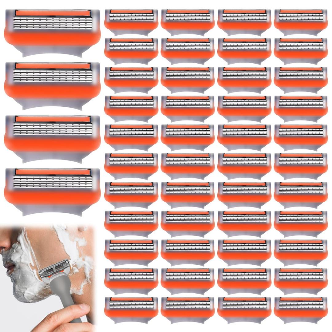 48Pcs Razor Blades for Men, 48 Count -5 Layer Premium Stainless Steel Refills, High Performance Mens Blades with Lubrication Strip and Precision Trimmer, Close & Comfortable, Durable & Sharp Shave