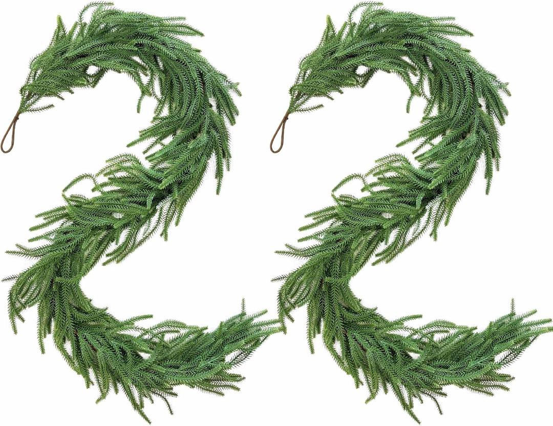 Treasborn 2Pcs Norfolk Pine Garlands 6FT Realistic Xmas Garland Christmas Decorations Indoor Outdoor, Artificial Green Garland Winter Decor for Mantle, Fireplace, Table Soft Real Touch