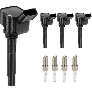 Ignition Coil Pack and Iridium Spark Plugs Set of 4 Compatible with Volkswagen VW Audi L4 2.0L 1.8L Jetta Passat Beetle Tiguan GTI Golf A3 A4 S3 Q3 Q5 Q7 2013 2014 2015 2016 2017 2018 2019 UF716 95125