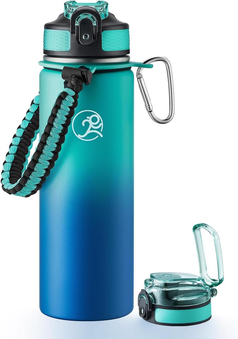 GOSWAG Insulated Sports Water Bottle, 24oz 2 Lids(with Straw/No Straw), Stainless Steel Water Bottles with Paracord Handle, Insulated Bottle with Double-Wall Vacuum Insulation (Green-Blue Ombr)