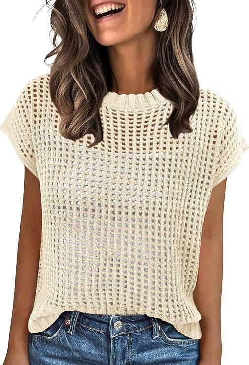 ANRABESS Women's Tops 2025 Trendy Summer Shirts Crochet Cap Sleeve Knitted Sweater Beach Vacation Clothes Fall Fashion Outfits Beige XL