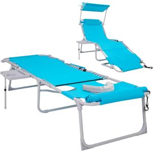 #WEJOY 4 in 1 Tanning Chair with Face Hole & Canopy & Side Table, 5 Positions Adjustable Folding Waterproof Facedown Chaise Lounge with Pillow Quick Dry for Beach Pool Outdoor Camping Patio (Blue)