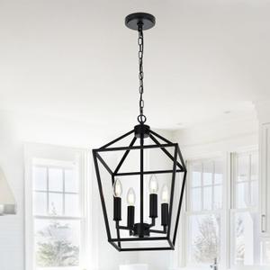 MELUCEE Farmhouse Chandelier 4 Lights Lantern Pendant Light in Black Finish Vintage Openwork Cage Hanging Light Ceiling for Kitchen Island Dining Room Hallway Entryway, E12 Base