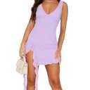 ZREQV Sexy Mini Dresses for Women Date Night Summer Bodycon Sleeveless V Neck Backless Y2K Slit Ruffle Trim Fringe Cocktail Party Mesh Tank Dress Purple M