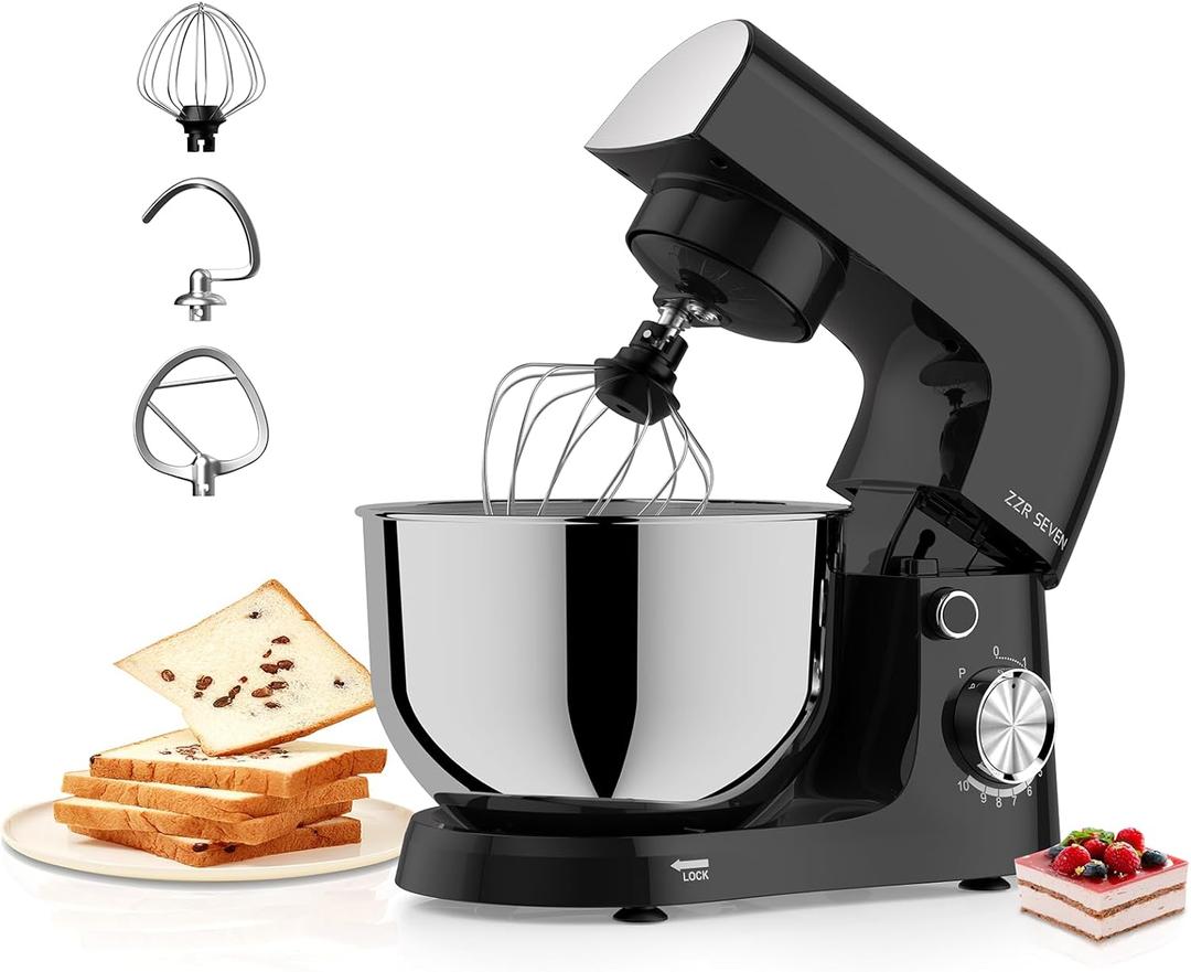 ZZR SEVEN Stand Mixer, Dough Mixer, Cake Mixer, Kitchen Mixer with Bowl SS 5.5 QT, Copper Motor, Standing Mixer with Beater, Dough Hook, SS Egg Whisk (300W Black)