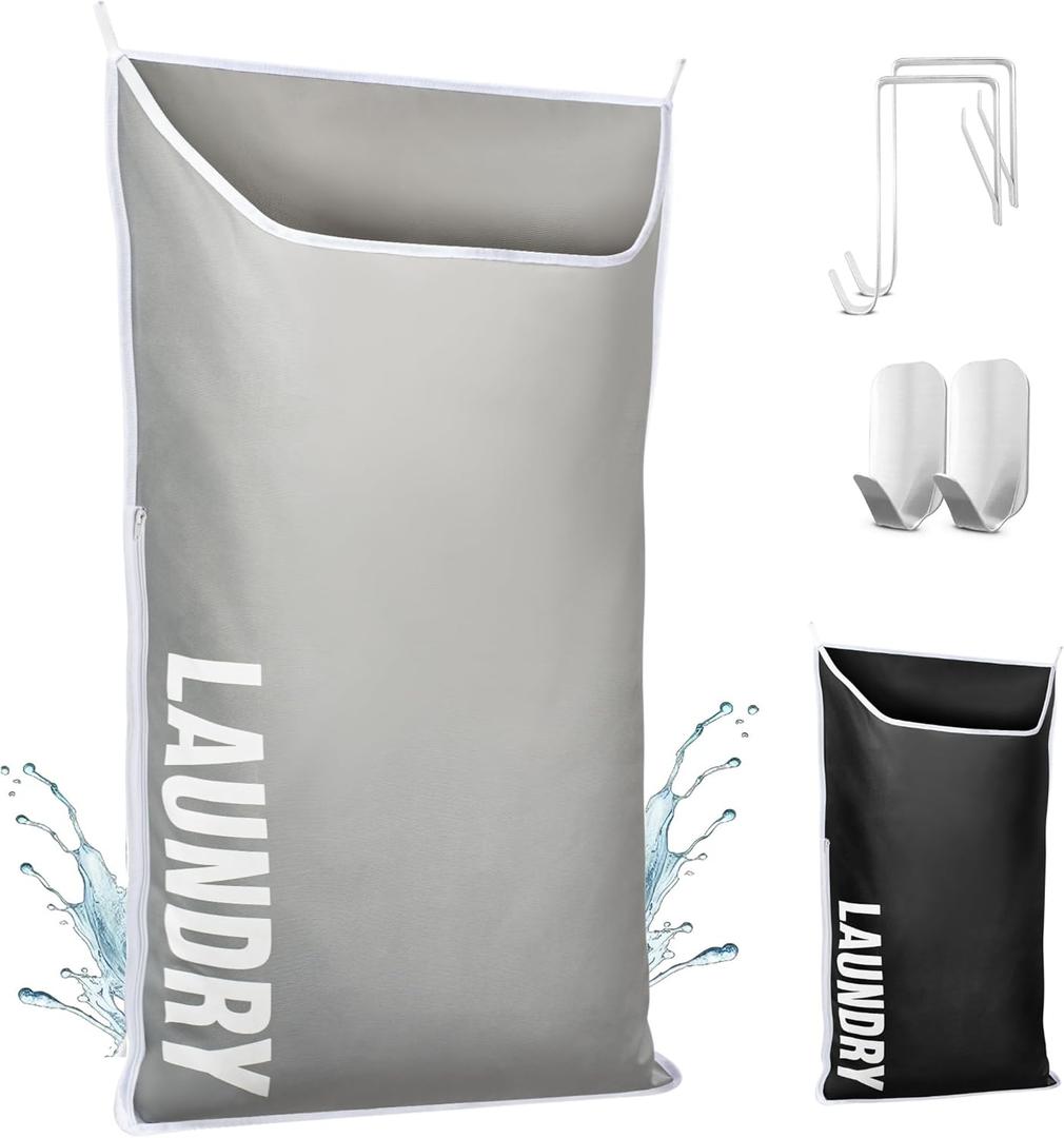 Hanging Laundry Hamper Bag XL 40x22", Space Saving over the Door Storage Bags, Behind the Door Hampers for Dirty Clothes & Wall Mounted Basket for Bathroom, Organizer for Small Room Spaces RV (1-Pack, Gray)