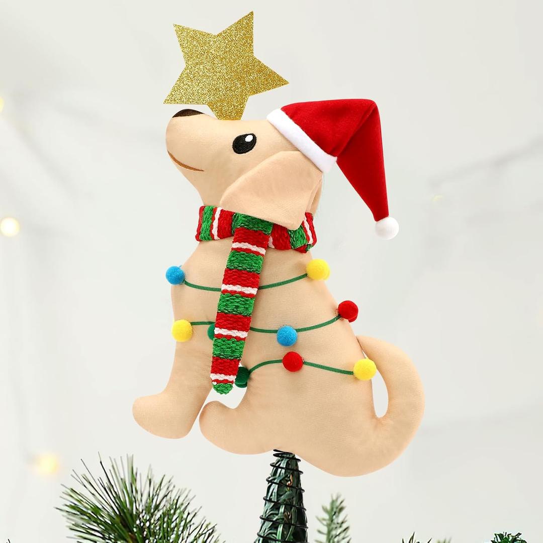 Percozzi Labrador Dog Christmas Tree Topper with Glitter Star,Lights, Scarf Xmas Tree Ornament Puppy Winter Holidays Home Decoration Wreath Attachment Doggie Lover Gift Ideas