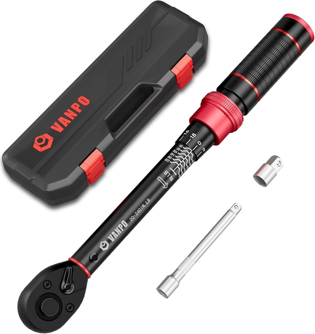 VANPO 1/4-inch Drive Click Torque Wrench, 20-240 in. lb/2.3-27.1 Nm, Inch Pound Torque Wrench Set with 1/4" to 3/8" Adapter, 10cm Extension Bar, Small Bike Torque Wrench for MTB, Bicycle Maintenance VANPO 1/4-inch Drive Click Torque Wrench, 20-240 in. lb/2.3-27.1 Nm, Inch Pound Torque Wrench Set with 1/4" to 3/8" Adapter, 10cm Extension Bar, Small Bike Torque Wrench for MTB, Bicycle Maintenance