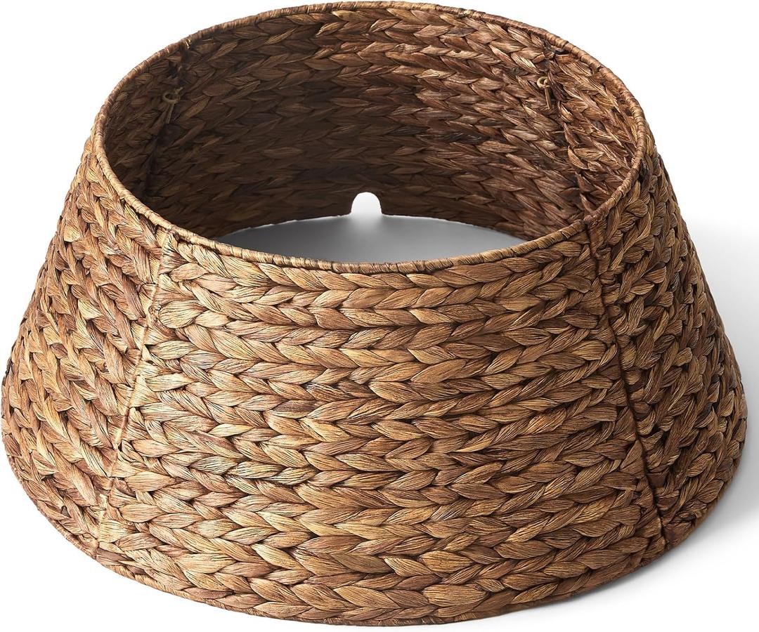 24in Hyacinth Christmas Tree Collar  Woven Rattan Basket for Christmas Tree Base Cover, Holiday Decoration for 4ft 6ft 7.5ft Artificial Trees with Cord CutOut(Brown)